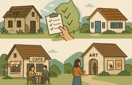 "농촌 빈집 활용 사례를 표현한 일러스트, 낡은 집이 리모델링되어 주택, 카페, 예술 공간 등 다양한 공간으로 변신하는 모습"