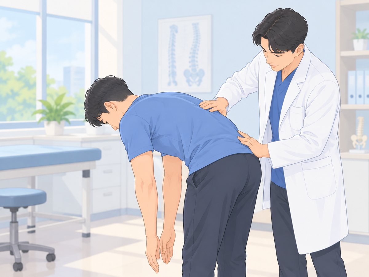 선 채로 허리를 숙이는 환자의 등과 허리를 의사가 살펴보는 진찰 장면