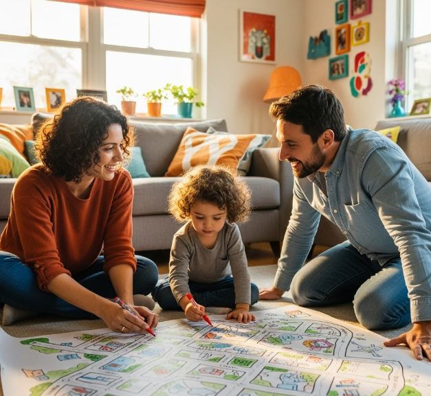 엄마 아빠와 아이가 동네 지도를 그리고 이야기 나누는 모습