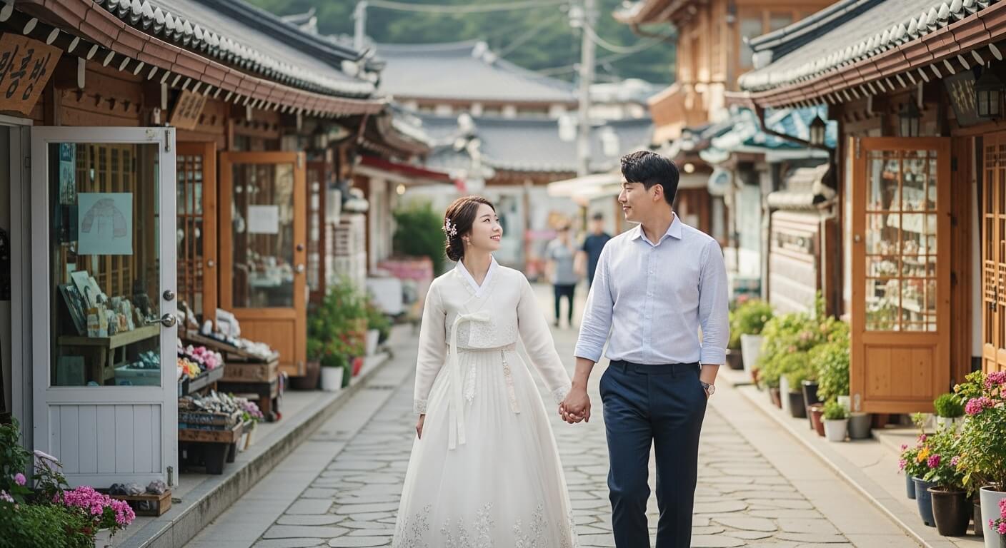 전통 거리에서 한복을 입고 손을 잡고 있는 청년 부부