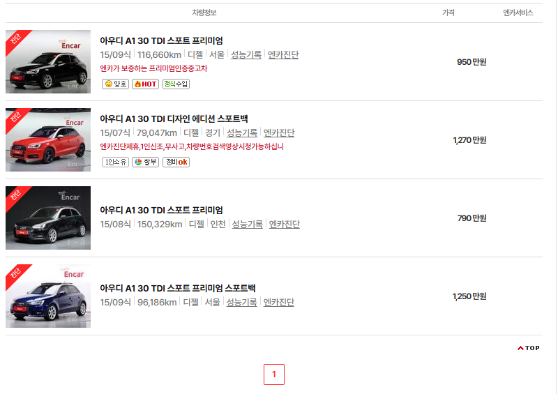 아우디 A1 중고차 가격 시세표 고속 시내 연비