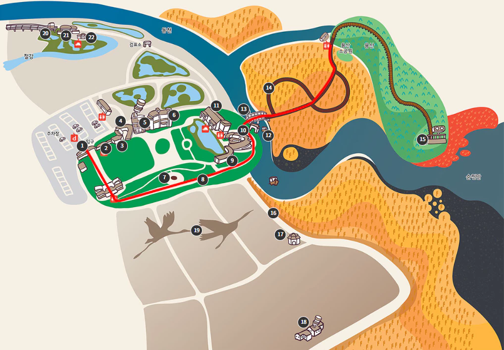 그림으로 그려진 순천만 습지와 주변 건물이나 관람포인트가 그려진 지도