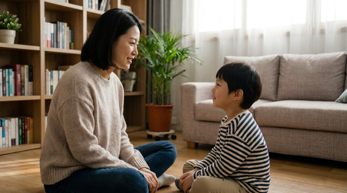 아이와 눈 마주치며 이야기하는 부모