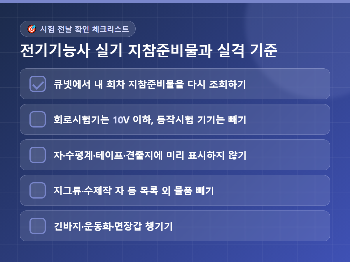 시험 전날 확인 체크리스트 이미지 - 큐넷에서 내 회차 지참준비물을 다시 조회하기, 회로시험기는 10V 이하로 준비하고 동작시험 기기는 빼기, 자와 수평계 테이프 견출지에 미리 표시하지 않기, 지그류나 직접 만든 자 같은 목록 외 물품 빼기, 긴바지와 운동화 면장갑 챙기기의 다섯 항목