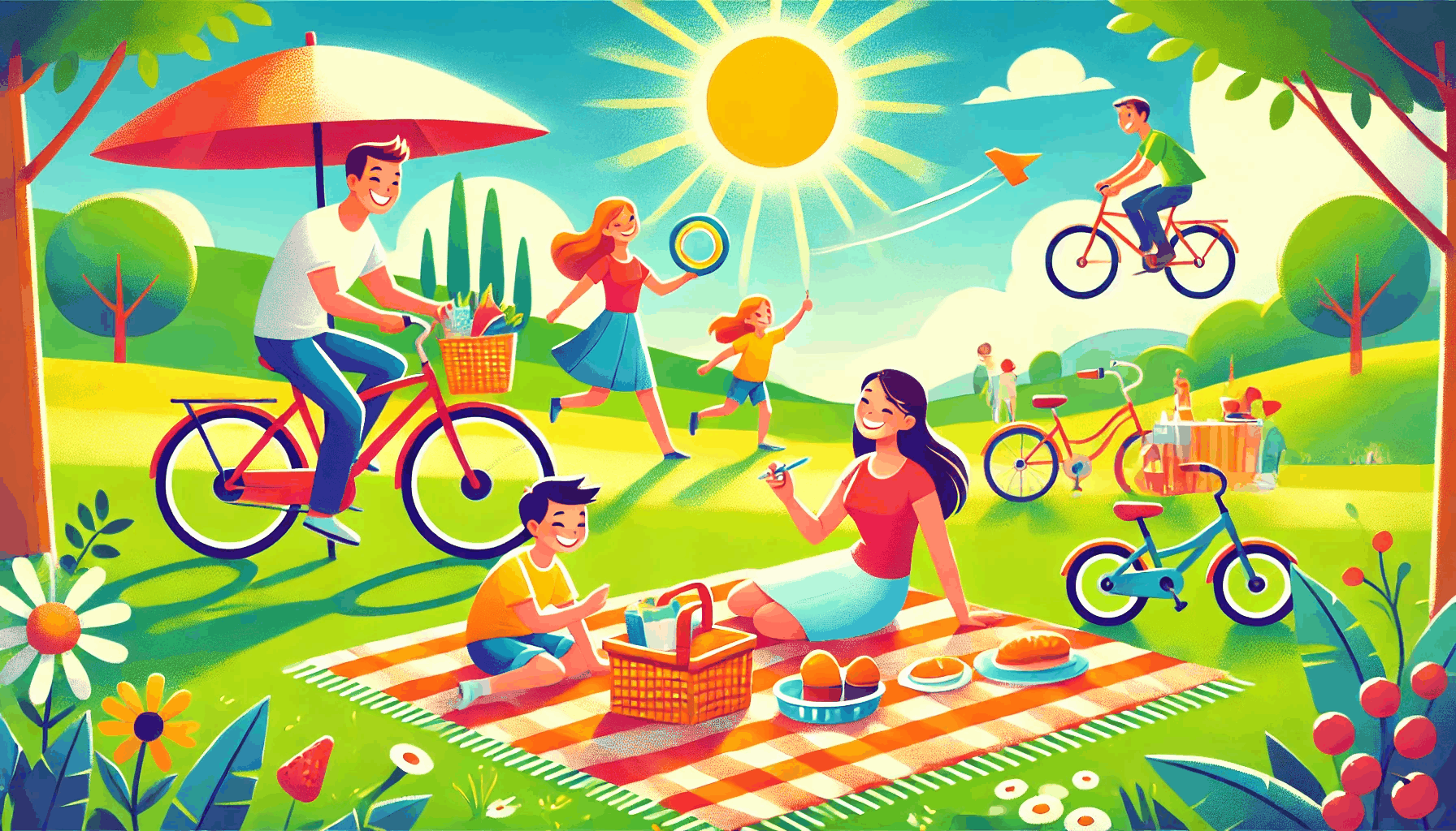 가족들이 공원에서 자전거를 타고, 피크닉을 하는 이미지