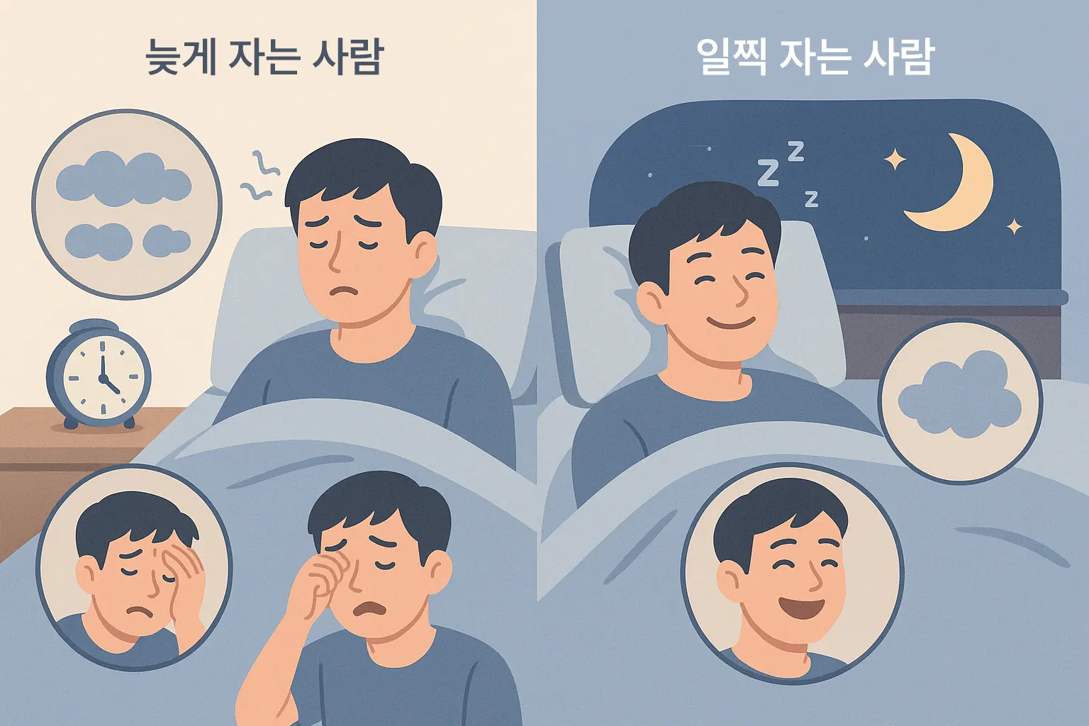 늦게 자는 사람의 얕은 수면과 자주 깨는 모습 vs 일찍 자는 사람의 깊은 수면 비교, 아침 기상 시 상쾌함과 피로감을 대비