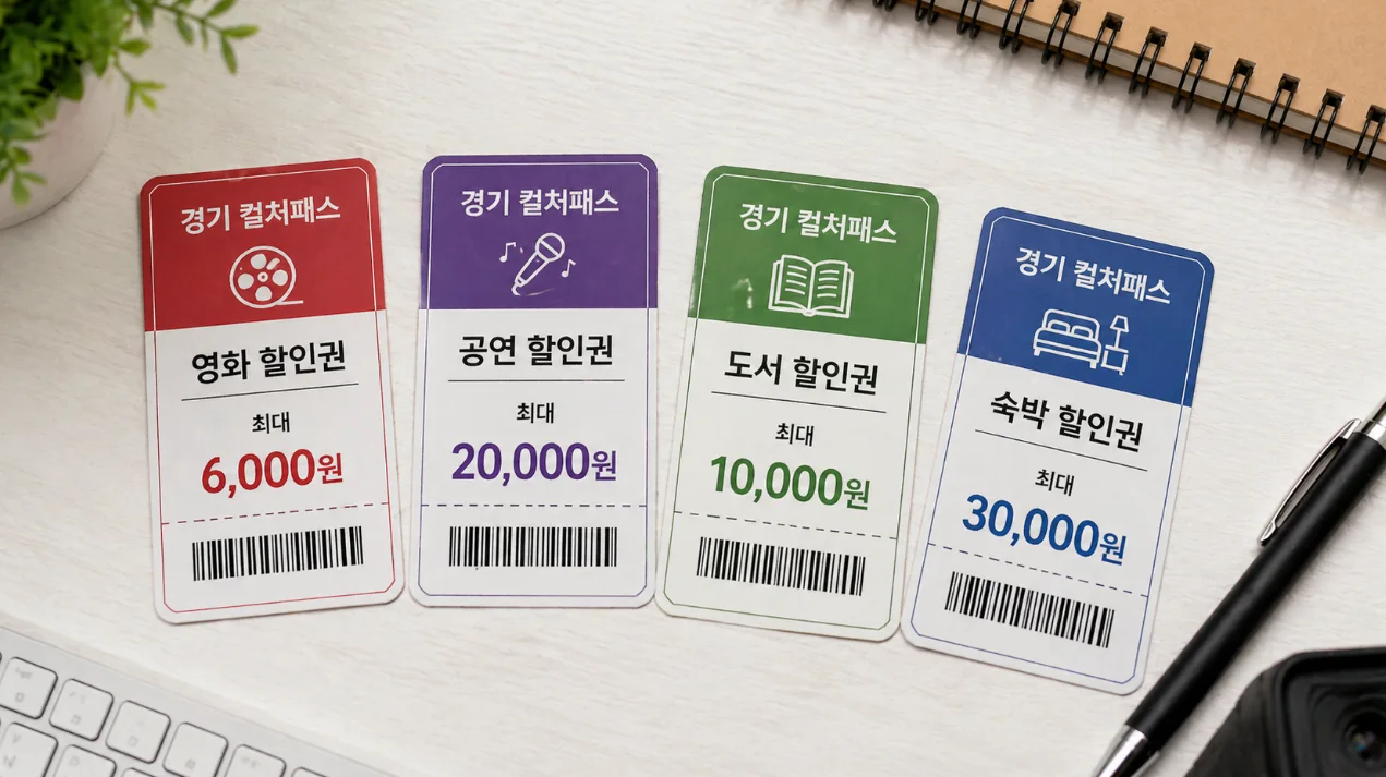 영화, 공연, 숙박, 도서 등 다양한 종류의 경기 컬처패스 쿠폰이 나열되어 있는 이미지