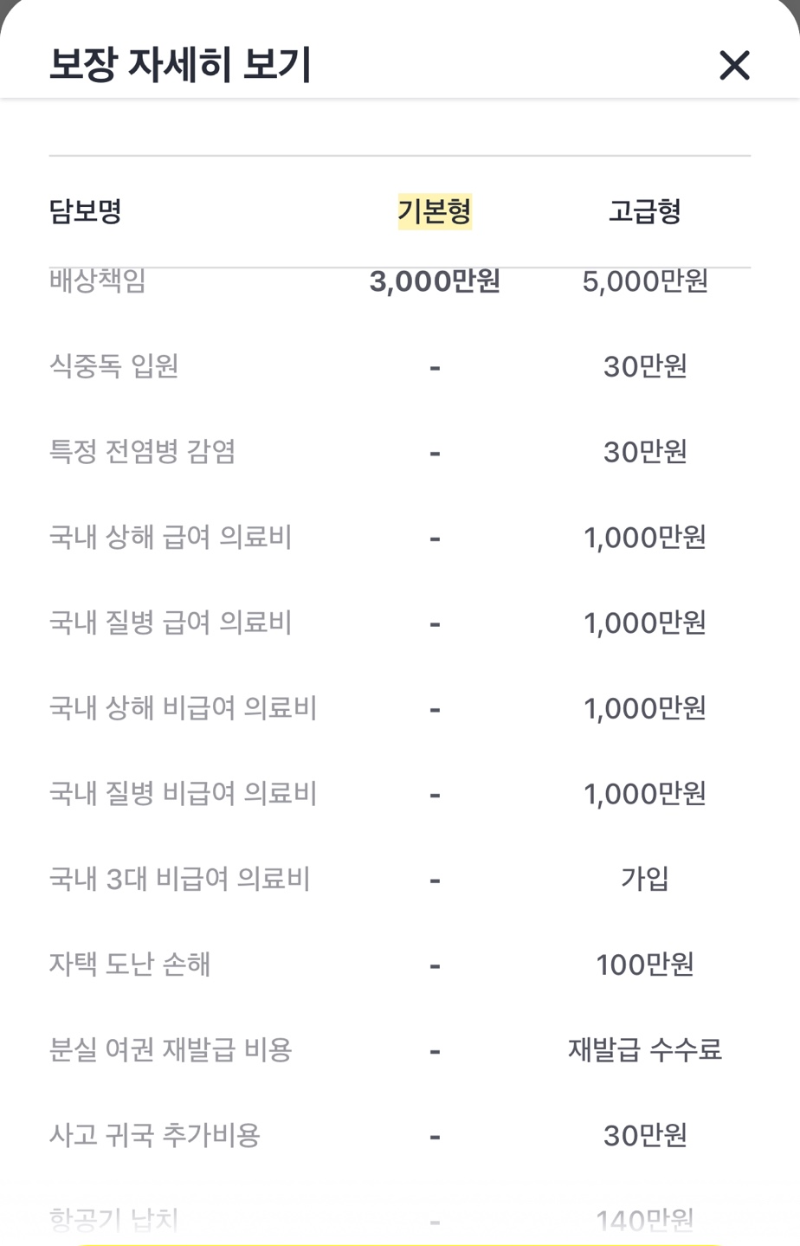 카카오페이 여행자보험 보장내용 3