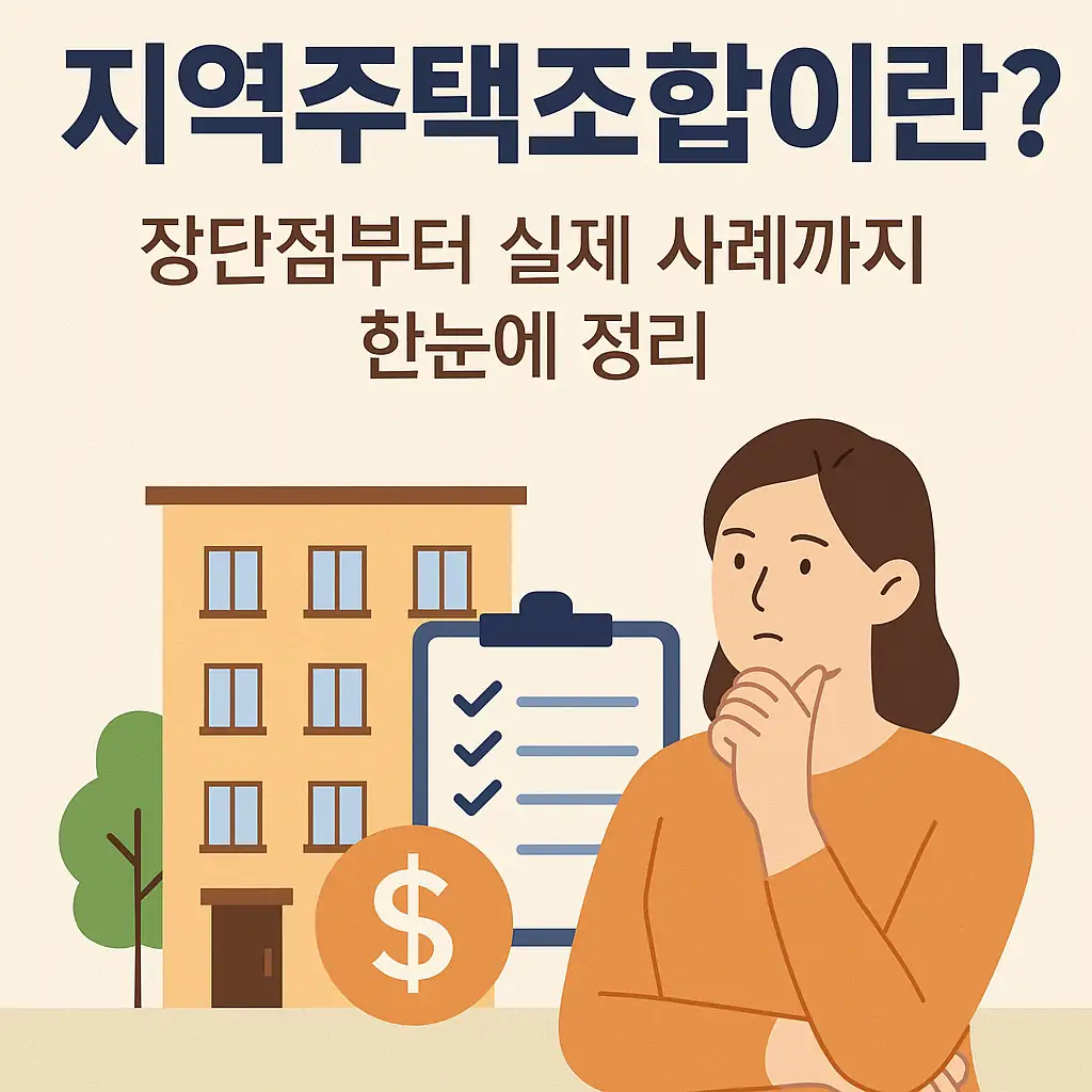 지역주택조합 인포그래픽 썸네일 - 아파트와 체크리스트, 고민하는 여성 일러스트