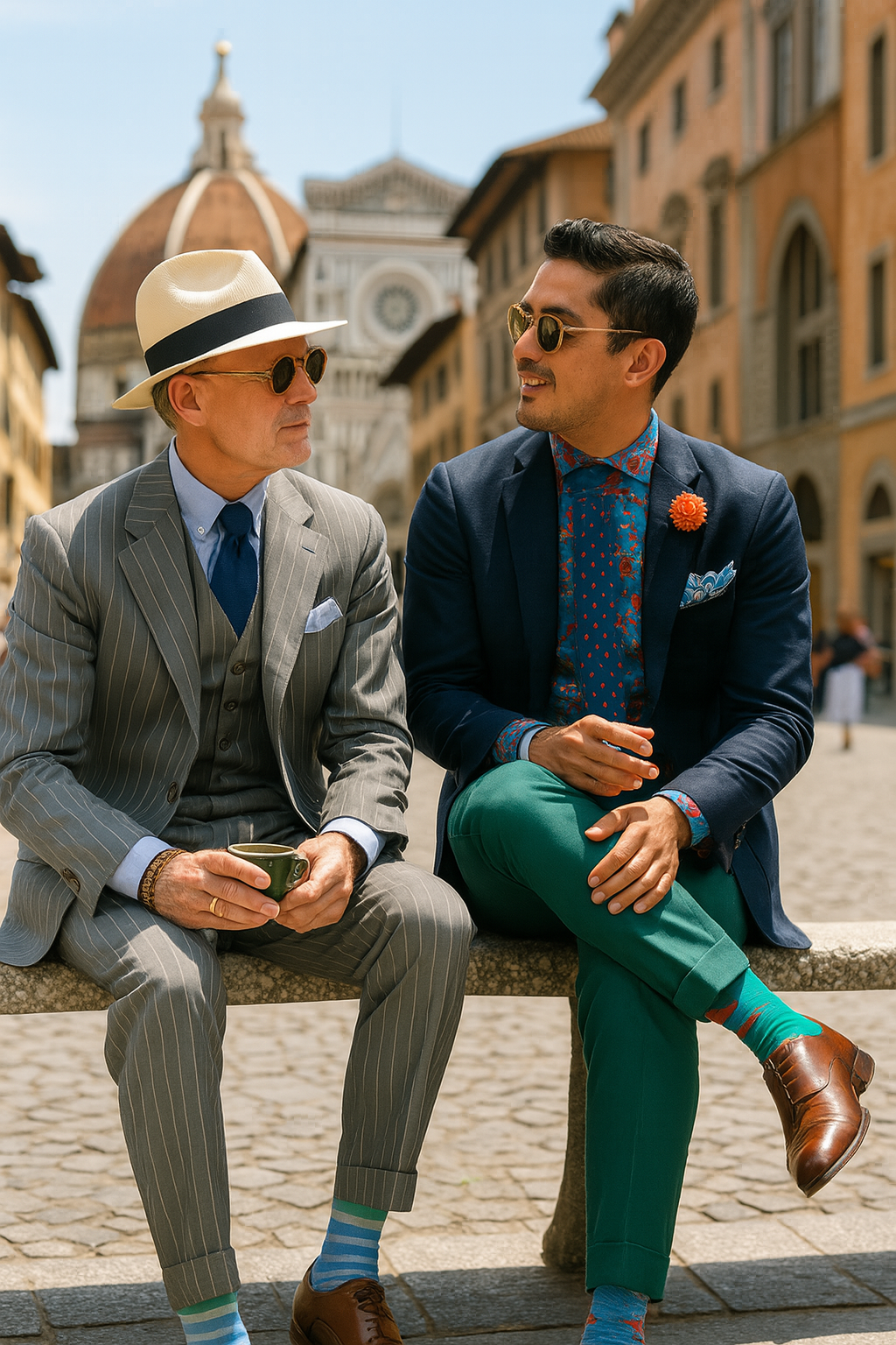 피렌체 두오모를 배경으로 정장과 재킷을 입고 대화하는 두 남성, 세련된 거리 패션을 보여주는 장면.