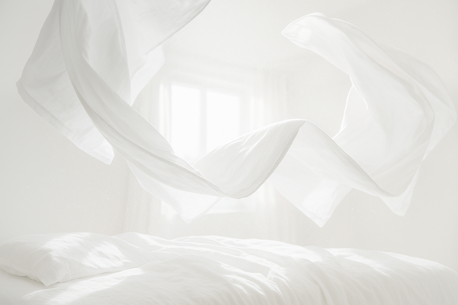 햇살이 드는 창가에서 새하얀 침대시트가 공중에 떠오르며 부드럽게 흐르는 순간을 포착한 하이키 사진. 시트 주변으로 작은 먼지 입자가 빛을 머금고 반짝이며 공기 중에 맴돈다