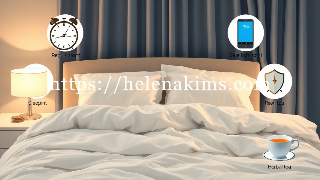 고요하고 정돈된 침실 중앙, 부드럽고 포근한 침구 위에 편안하게 놓인 편안한 베개와 이불의 클로즈업. 주변에는 규칙적인 취침 시간을 알리는 아날로그 알람시계, 블루라이트가 꺼진 스마트폰, 따뜻한 허브차 한 잔, 그리고 차분하게 닫힌 암막 커튼을 상징하는 아이콘들의 이미지.