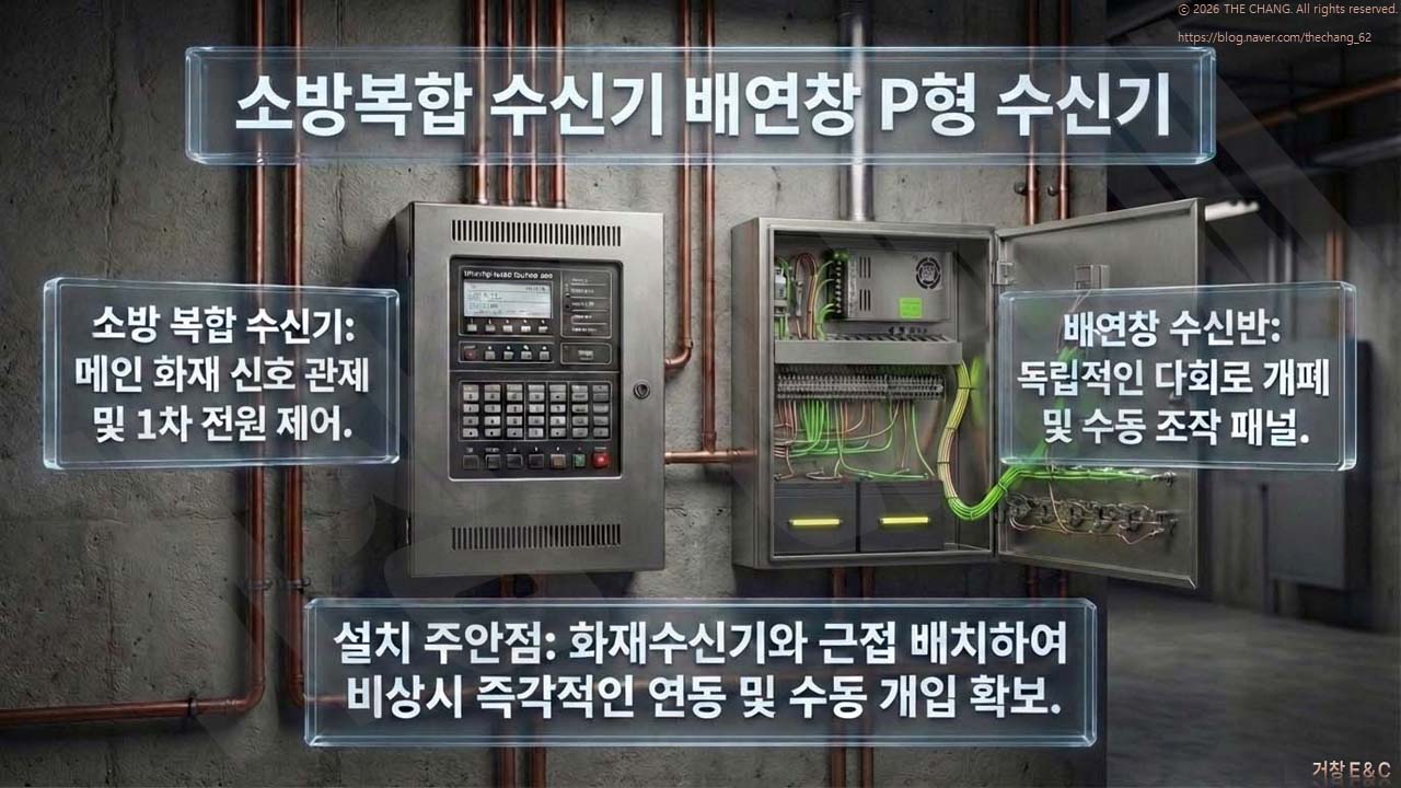 소방복합 수신기와 독립적인 배연창 수신반의 근접 배치 예시. 비상시 즉각적인 수동 조작 및 연동을 위한 배치 주안점 설명.