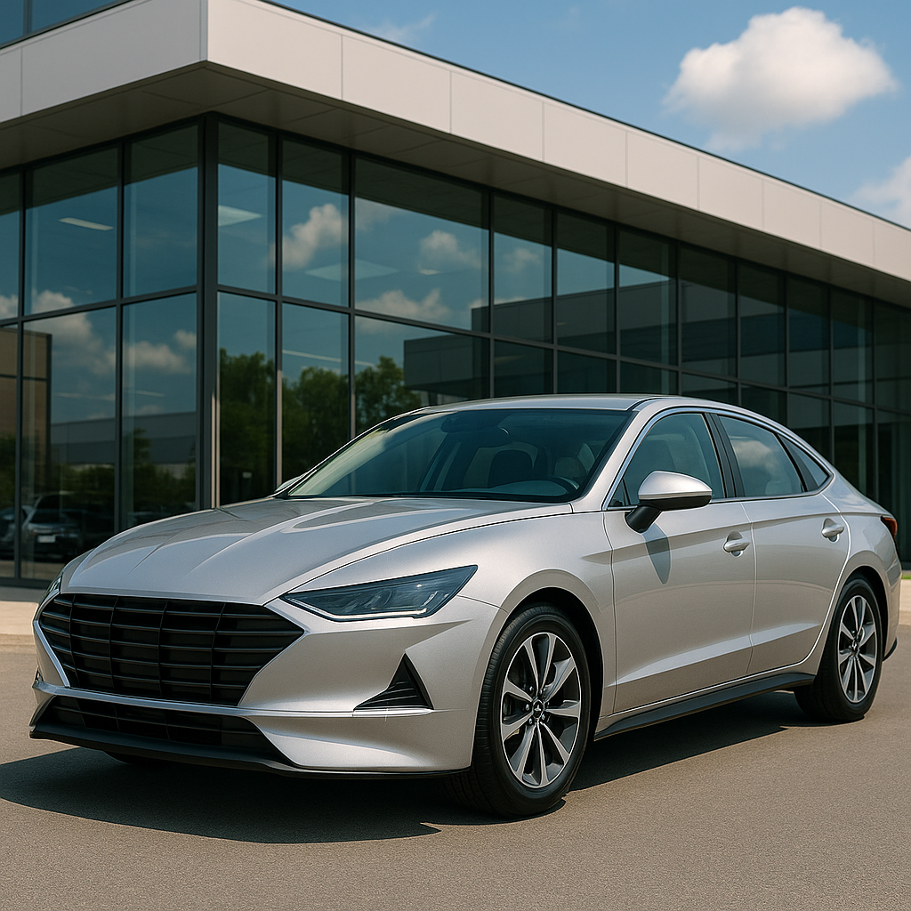 Silver mid-size sedan with no visible branding, parked in front of a modern glass dealership on a sunny day