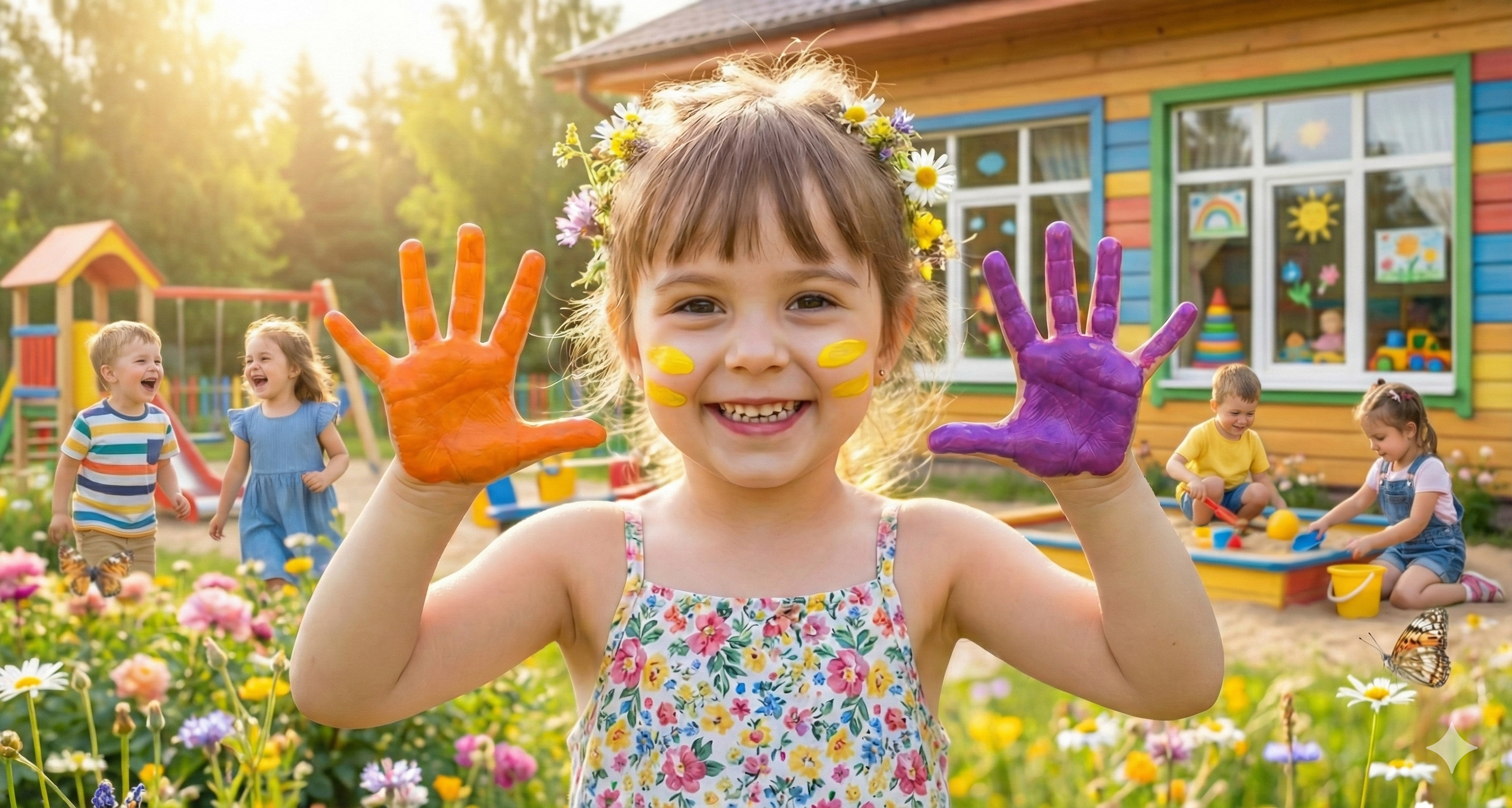 유치원 바깥 놀이터에서 미술 놀이를 하는 아이