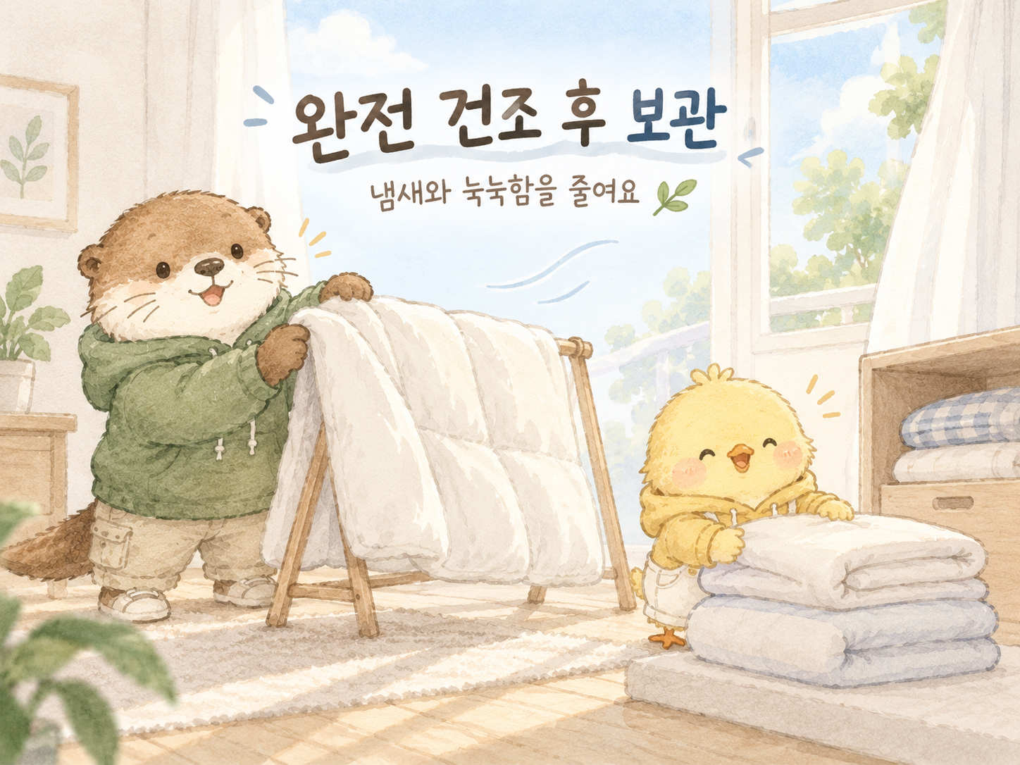 이불을 완전히 건조한 뒤 보관해야 하는 이유를 설명한 이미지