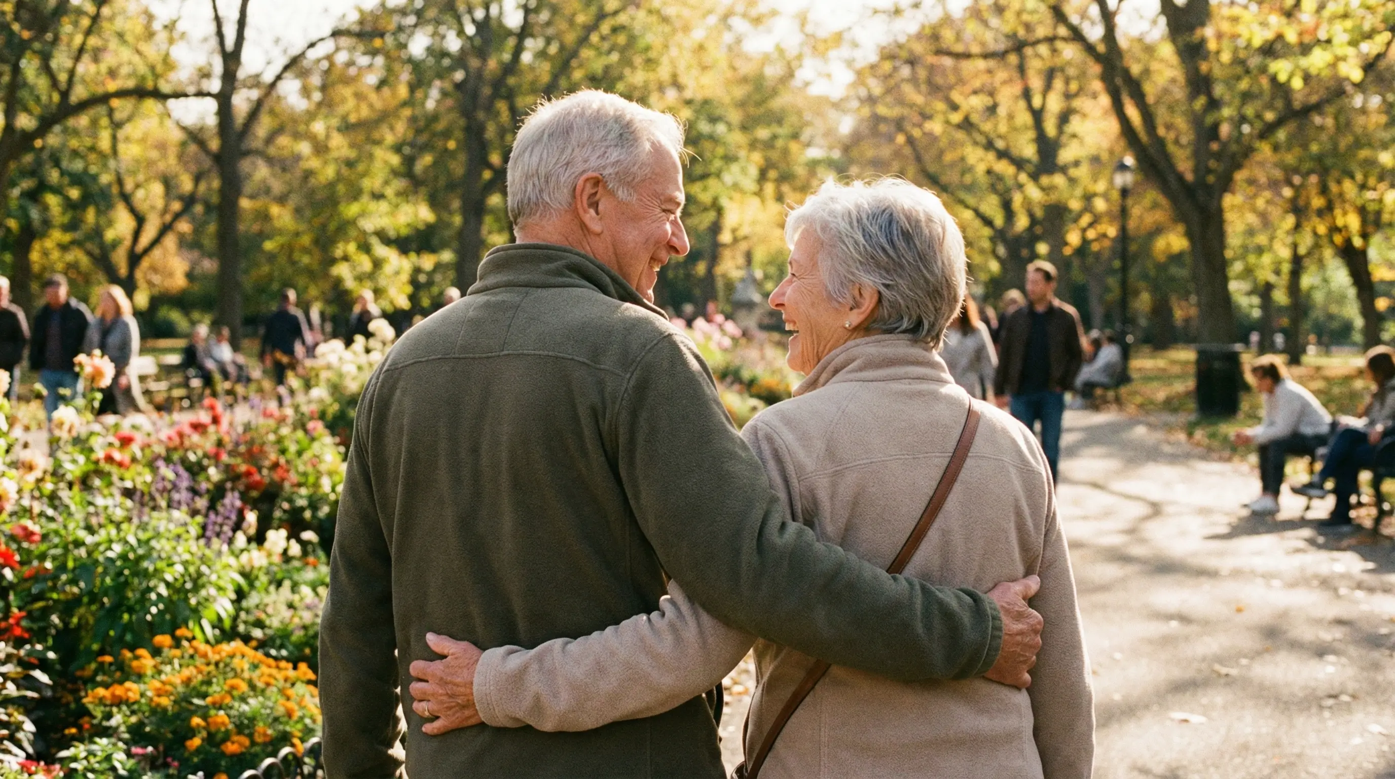 건강을 회복하고 밝게 웃으며 공원을 산책하는 노부부의 뒷모습