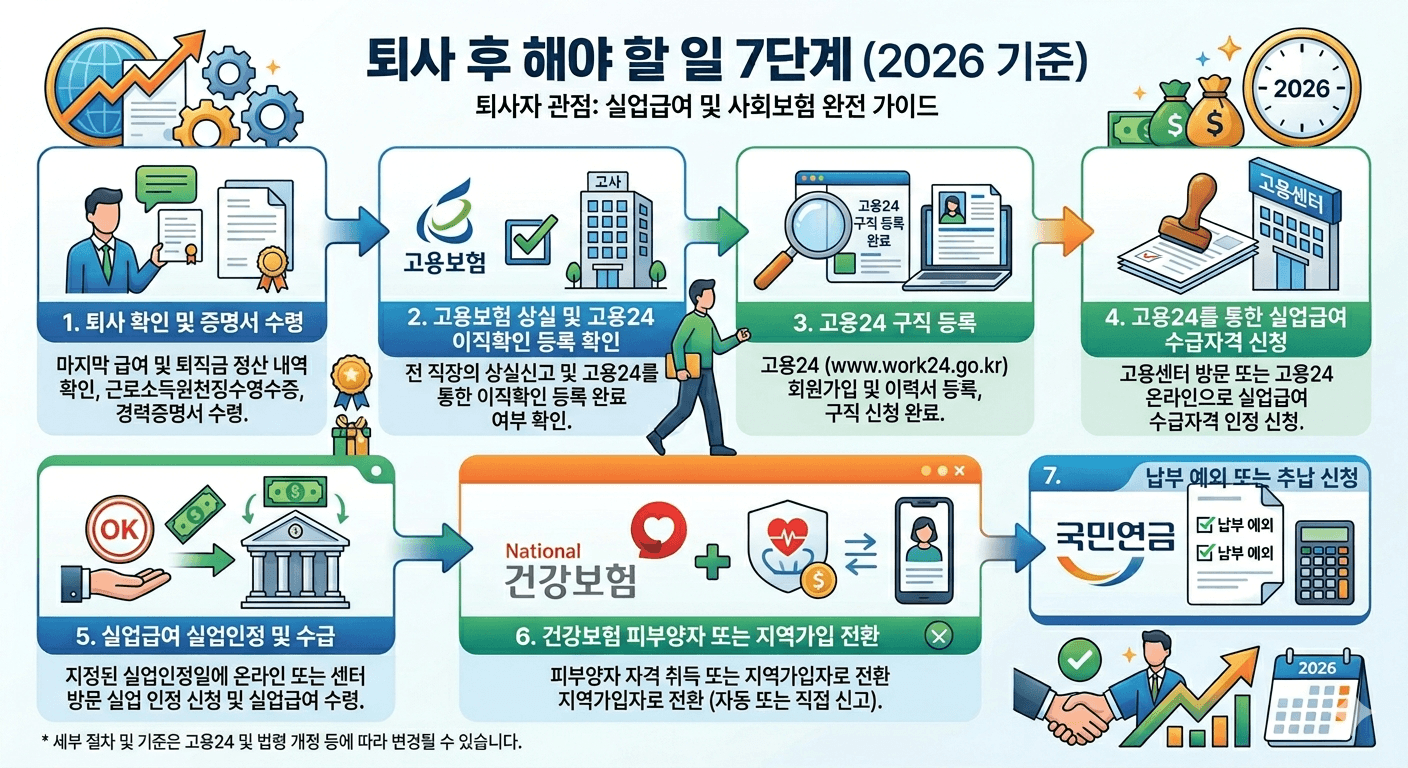 퇴사 후 해야 할 일 7단계 (고용보험&middot;건강보험&middot;실업급여 순서 정리)
