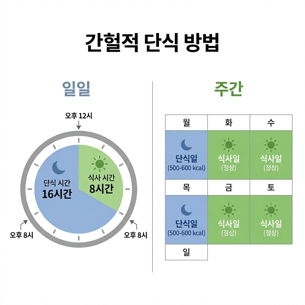 간헐적 단식 16대8과 5대2 방식 비교 인포그래픽