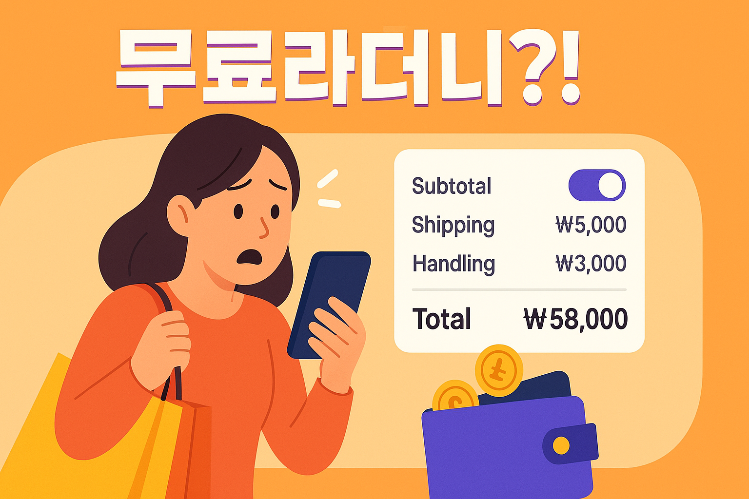 스마트폰을 본 쇼핑객이 배송·취급 수수료가 총액에 합산되는 결제 화면을 보고 당황하는 장면