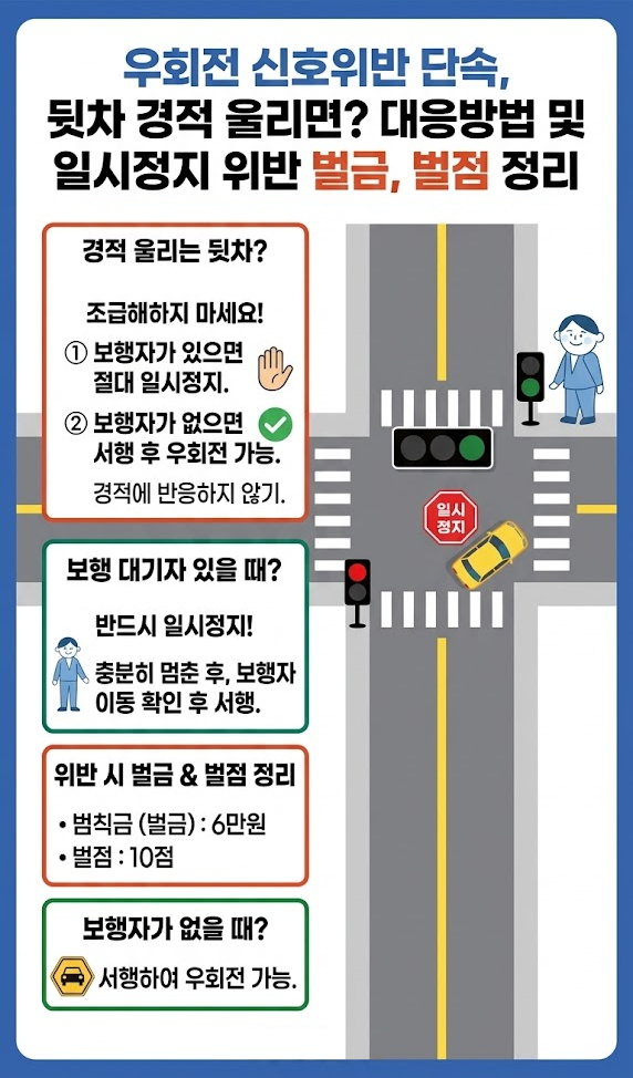 우회전 신호위반 단속, 뒷차 경적 울리면? 대응방법 및 일시정지 위반 벌금, 벌점 정리