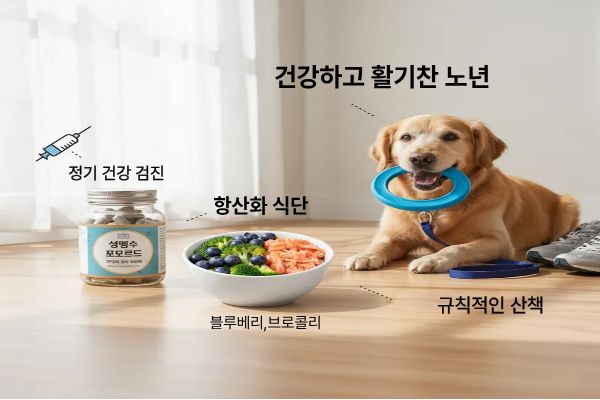 일상생활에서 반려견의 노화 방지를 위한 케어 방법을 보여주는 이미지입니다. 맞춤형 영양 보충제, 항산화 식단(블루베리, 브로콜리), 규칙적인 산책, 건강검진을 상징하는 요소들을 한 이미지 안에 자연스럽게 배치했습니다.