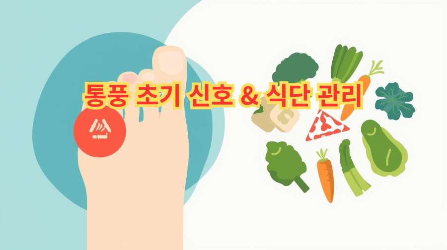 통풍 초기 증상을 상징하는 붓고 빨개진 발가락 그림과 퓨린 낮은 식단 아이콘을 함께 배치한 썸네일 이미지