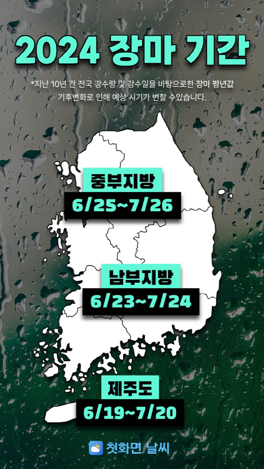 2024년 장마 시작일 장마 기간 기상청 예보