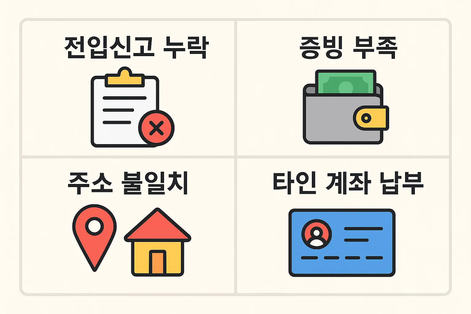 월세 세액공제 신청 시 자주 발생하는 전입신고 누락, 납부 증빙 부족, 실제 거주지 주소 불일치, 타인 계좌 납부 등 실수를 정리한 체크리스트 인포그래픽