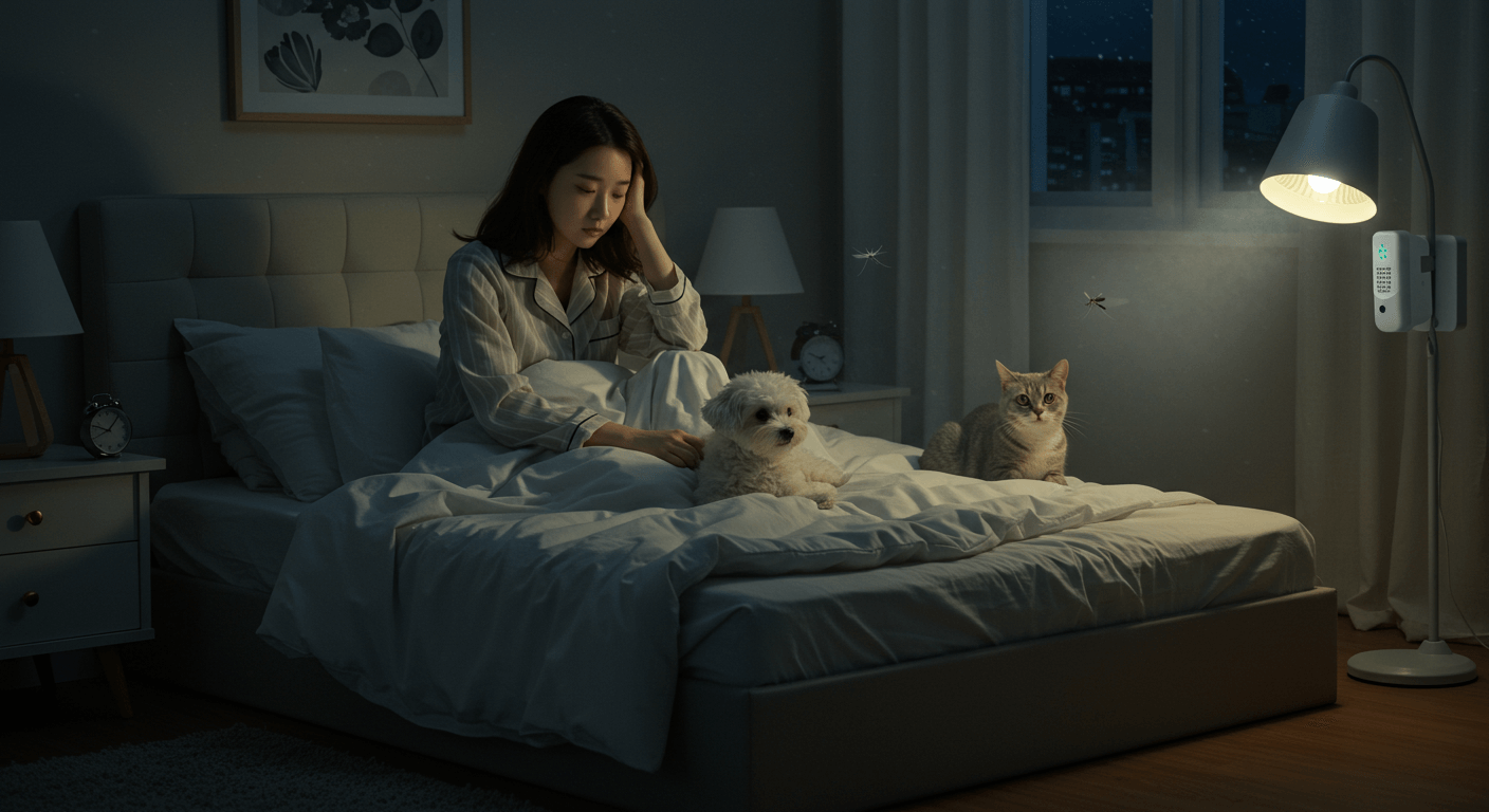 여름 밤, 전자모기향이 켜진 방 안에서 잠을 이루지 못하고 침대에 앉아 있는 젊은 한국인 여성과 함께 반려견과 반려묘가 모기를 주시하고 있는 모습