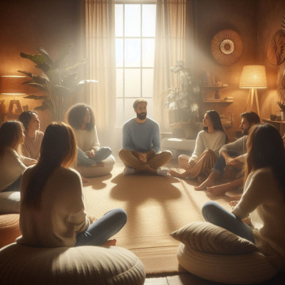 사람들이 대화하면서 서로 이야기를 나누는 장면입니다. 사람들은 편안한 자세로 앉아 있습니다.