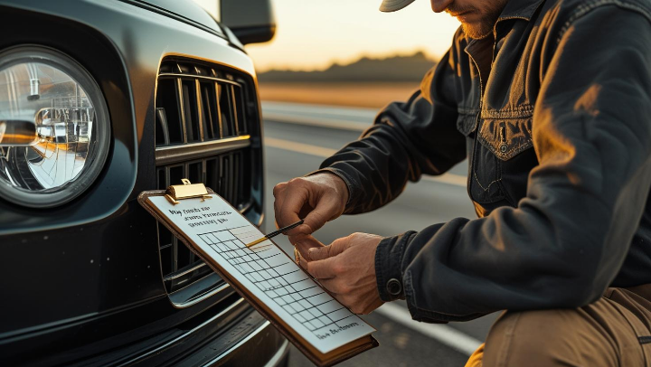 렌터카 이용 시 체크리스트를 점검하는 손, 블랙박스 확인, 고속도로 차량 점검 이미지