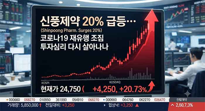 신풍제약 20% 급등과 주가 상승 그래프가 담긴 증권 화면.