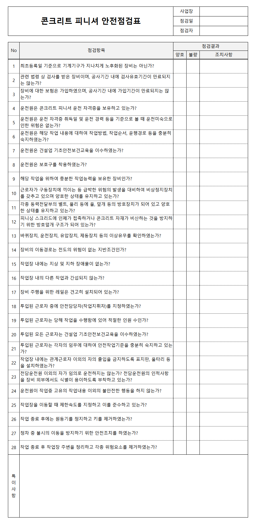 콘크리트 피니셔 안전점검표