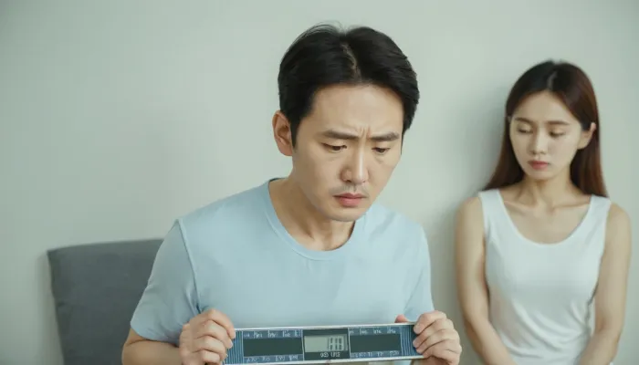 체중계 위에 올라 고관절 통증 원인과 체중 관계를 생각하는 모습