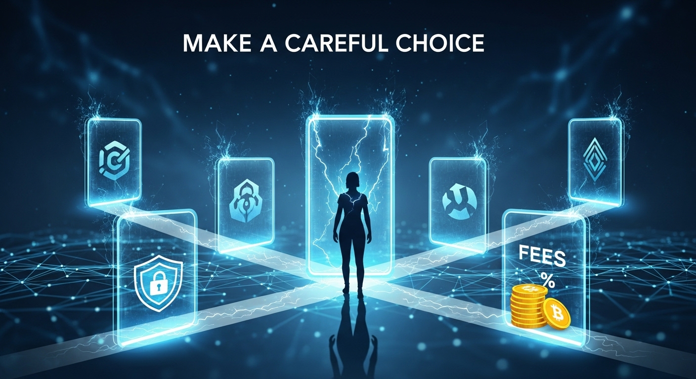 안전하고 신중한 코인거래소 선택을 상징하는 추상적인 이미지. 여러 개의 디지털 게이트웨이 앞에서 보안, 수수료, 편의성 등을 나타내는 아이콘들을 바라보며 고민하는 사람의 모습.