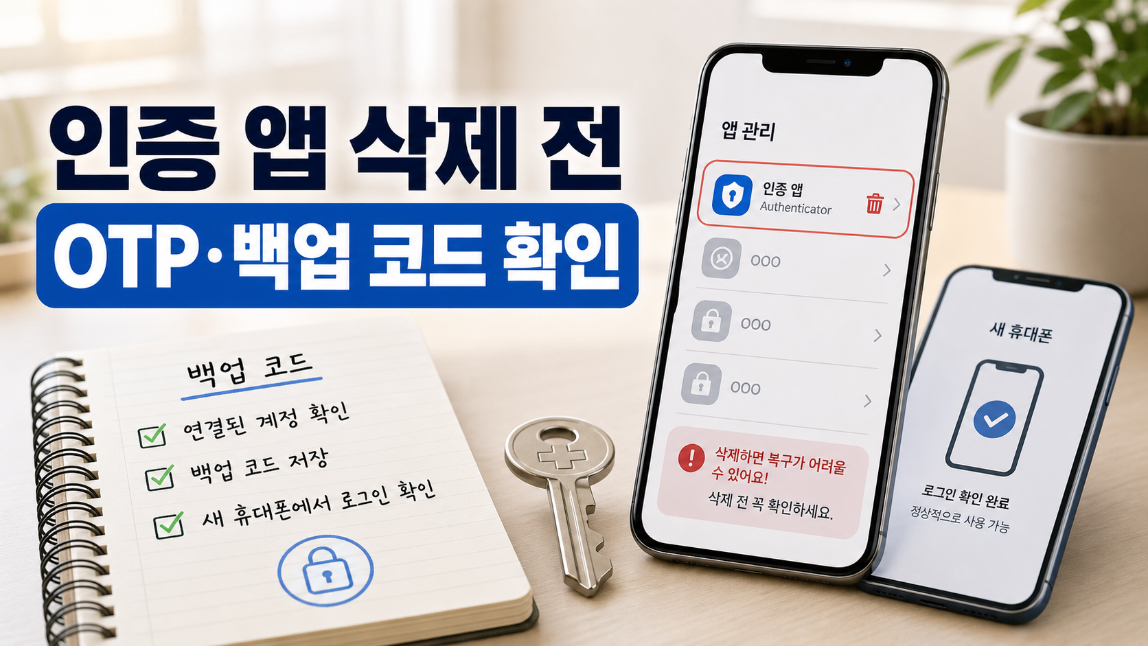 인증 앱을 삭제하기 전 OTP와 백업 코드, 새 휴대폰 로그인 확인을 안내하는 대표 이미지