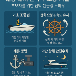 해양 레저 선박의 기초 조종법, 선회 및 속도 유지, 계류 방법, 야간 항해 안전 수칙을 시각적으로 요약한 인포그래픽 이미지
해양 레저 선박 조종 기술 요약 인포그래픽