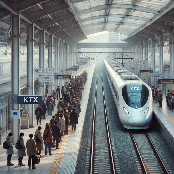 원주역 플랫폼에 정차한 KTX 열차와 탑승 대기 중인 승객들