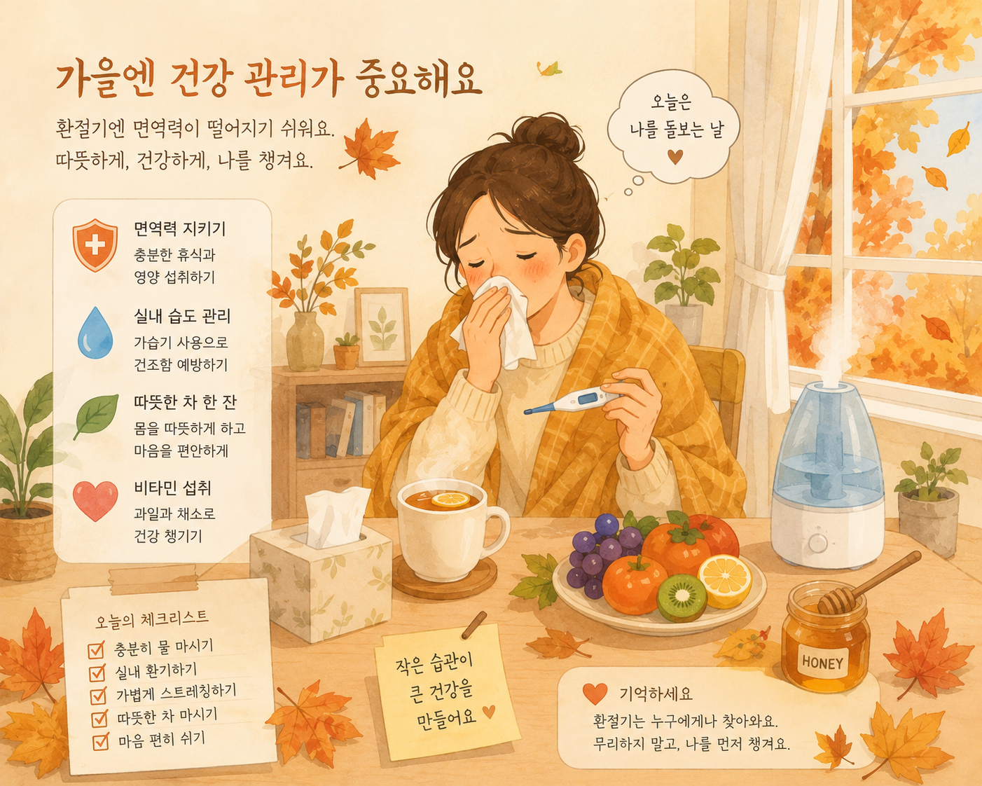 가을 감기 증상과 예방 방법을 나타내는 일러스트