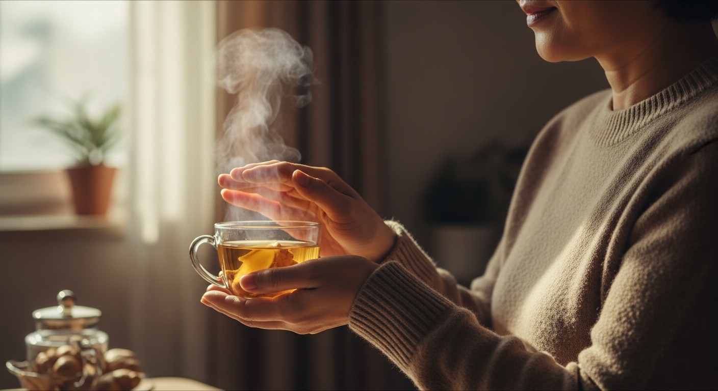 한방차를 마시며 손을 따뜻하게 감싸 쥔 중년 여성의 장면
