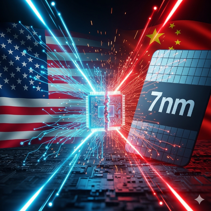 미국의 기술 봉쇄와 중국의 7나노 칩 돌파, 그리고 두 국가 간의 치열한 패권 경쟁을 드라마틱한 테크이미지