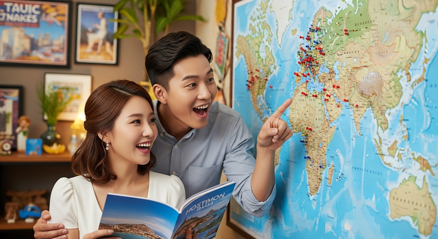 한국인 예비 부부가 세계 지도를 보며 신혼여행 목적지를 고르고 있는 행복한 모습.