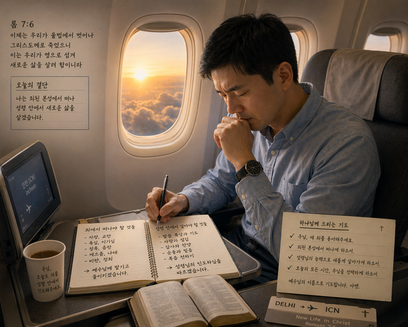 롬 7:6 말씀에서 먼저 나의 죄된 본성에서 떠나 성령 안에서 새로운 삶을 살아야 할 것이 다시금 생각되었고&amp;#44; 결단하며 적용함으로 돌이키려는 동기로&amp;#44; 오늘 인도에서 한국으로 이동 중에도 죄에서 떠나야할 것을 묵상하는 시간을 갖는 모습입니다.