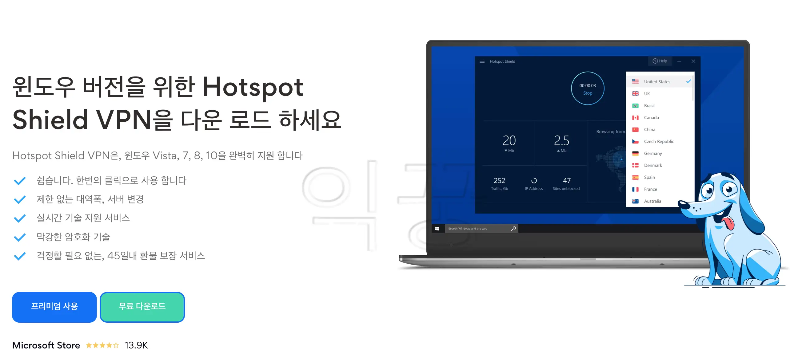 Hotspot Shield 홈페이지에 나와있는 장점