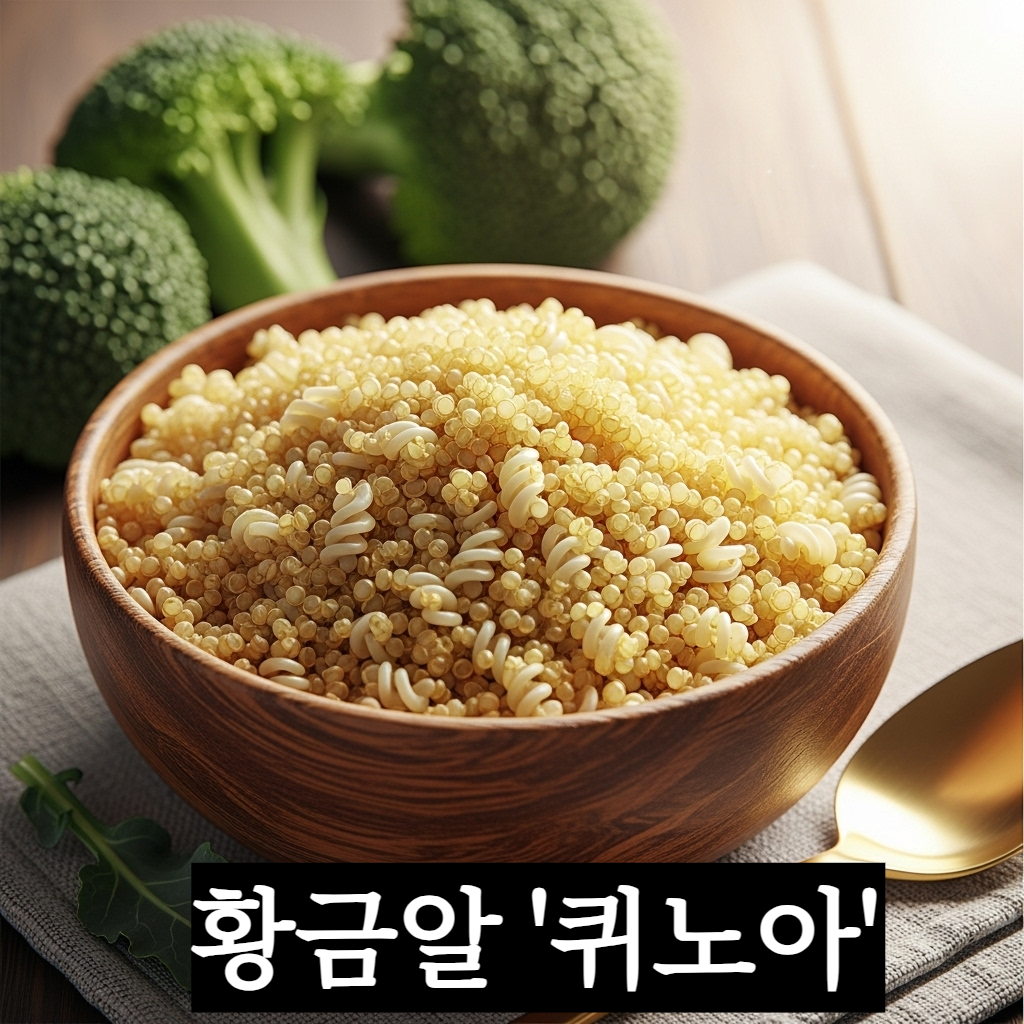 황금빛으로 잘 익은 퀴노아 알갱이들이 가득 담긴 세련된 나무 그릇과 그 옆에 놓인 신선한 브로콜리 이미지