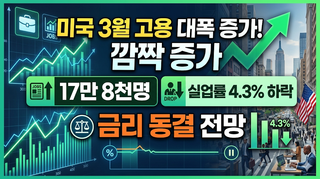 미국 3월 고용 지표 발표 17만8천명 깜짝 증가 실업률 4.3% 하락 금리 동결 전망