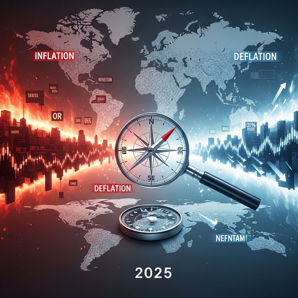 2025년 글로벌 경제가 인플레이션과 디플레이션의 갈림길에 선 모습을 표현한 이미지. 세계 지도 위에서 투자 방향을 가리키는 나침반이 강조되어 있으며, 불안정한 경제 상황 속 현명한 투자 전략의 중요성을 시각화.