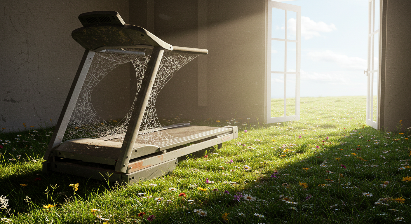 거미줄 친 낡은 러닝머신에서 자라나 창문 밖으로 이어지는 들꽃 길 : 
오랫동안 방치되어 실패의 상징이 된 러닝머신으로부터, 자연스러운 생명력을 가진 들꽃 길이 생겨나, 마침내 어두운 방을 벗어나 밝은 창문 밖 세상으로 우리를 이끈다는 것을 강조함.