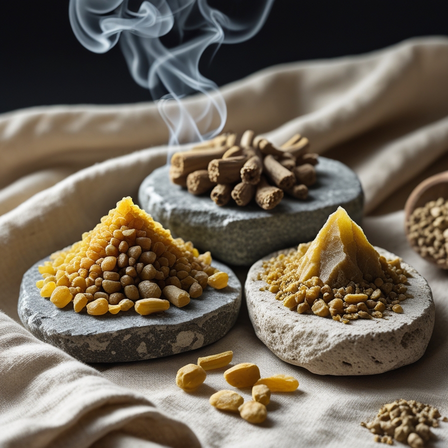 유향과 몰약이 가진 향료&middot;의약 물질로서의 성격을 질감과 형태 중심으로 표현한 이미지